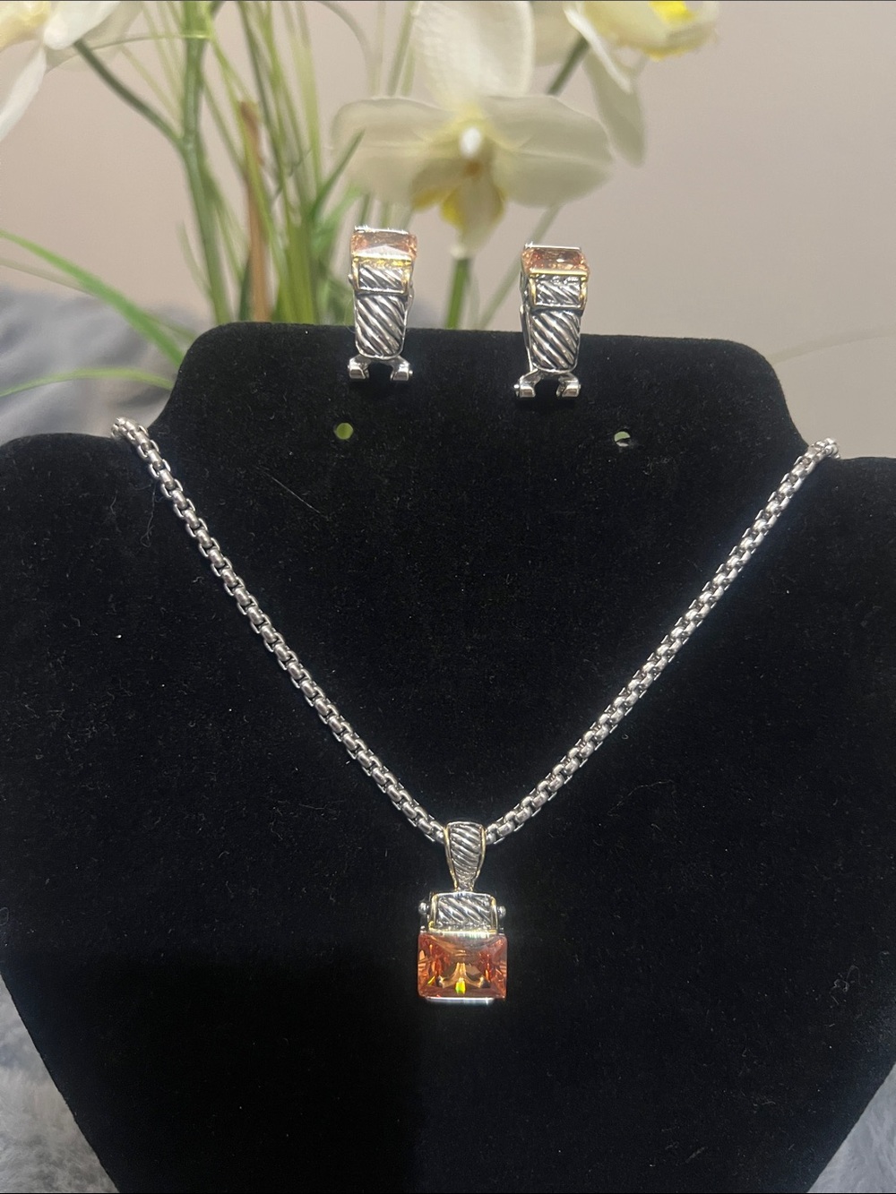 Silver Necklace and Earrings Set with Orange Gemstone Pendant NWOT retail $45 - Picture 3 of 6